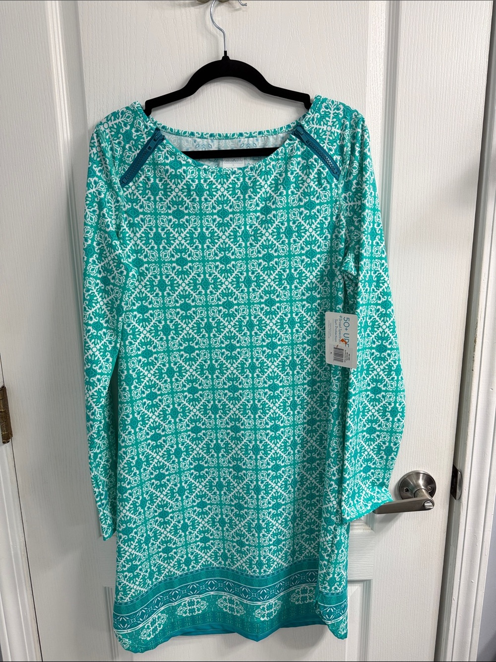 Cabana Life Mint Mosaic Printed Long-Sleeve Shift Dress 50+ UV Protection Cruise